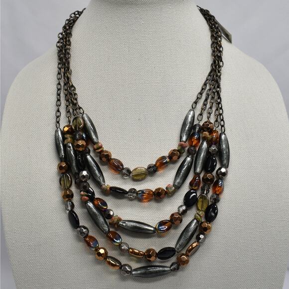 Cookie Lee chunky multi strand layered necklace gray & amber glass beads boho - Picture 1 of 7